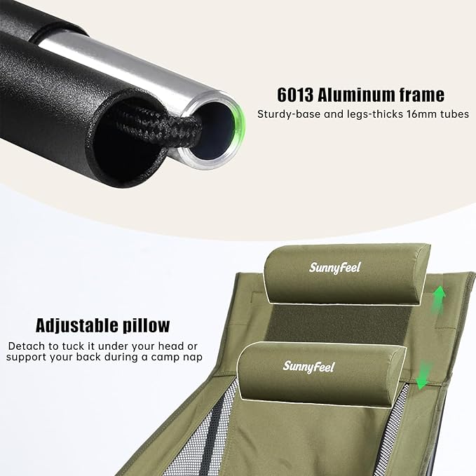 SUNNYFEEL High Back Camping Chair, 15 Second Setup Frame, 330lb Capacity, Portable Backpacking Chair, Lightweight & Compact Folding Camp Chair for Hiking Camping, Army Green