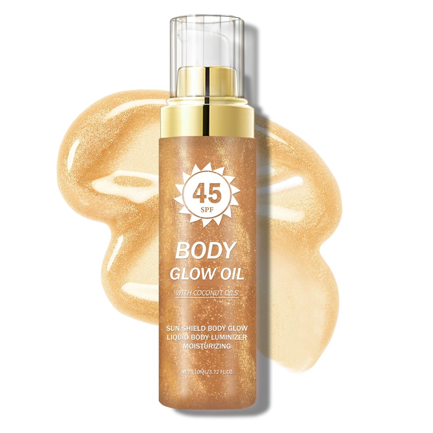 QIUFSSE Glitter Sunscreen Oil with Coconut,SPF 45 Broad Spectrum,Body Shimmer Oil with Gold Mica,Lightweight Non-Sticky,Water Re