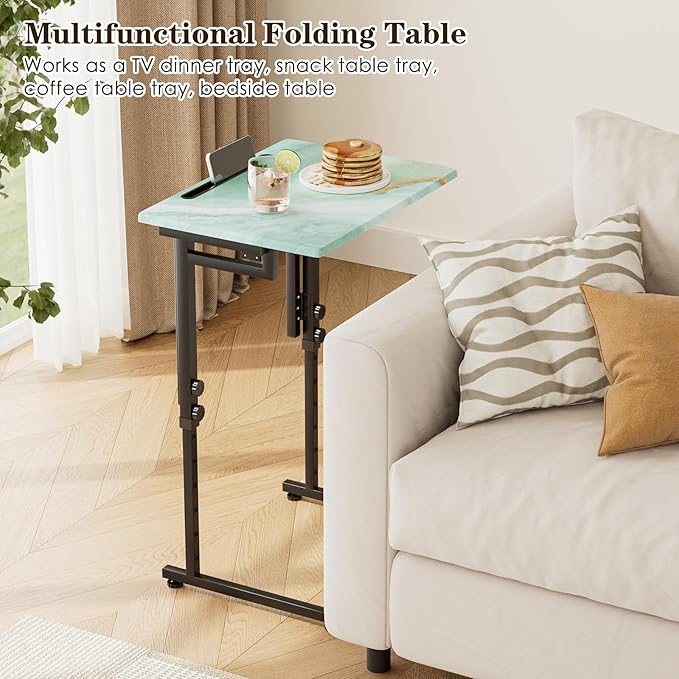 Fleecy day Folding TV Tray Table,Adjustable TV Dinner Table with Sturdy MDF Top,Eating Trays for Living Room with No Assembly Required (Sea Blue)