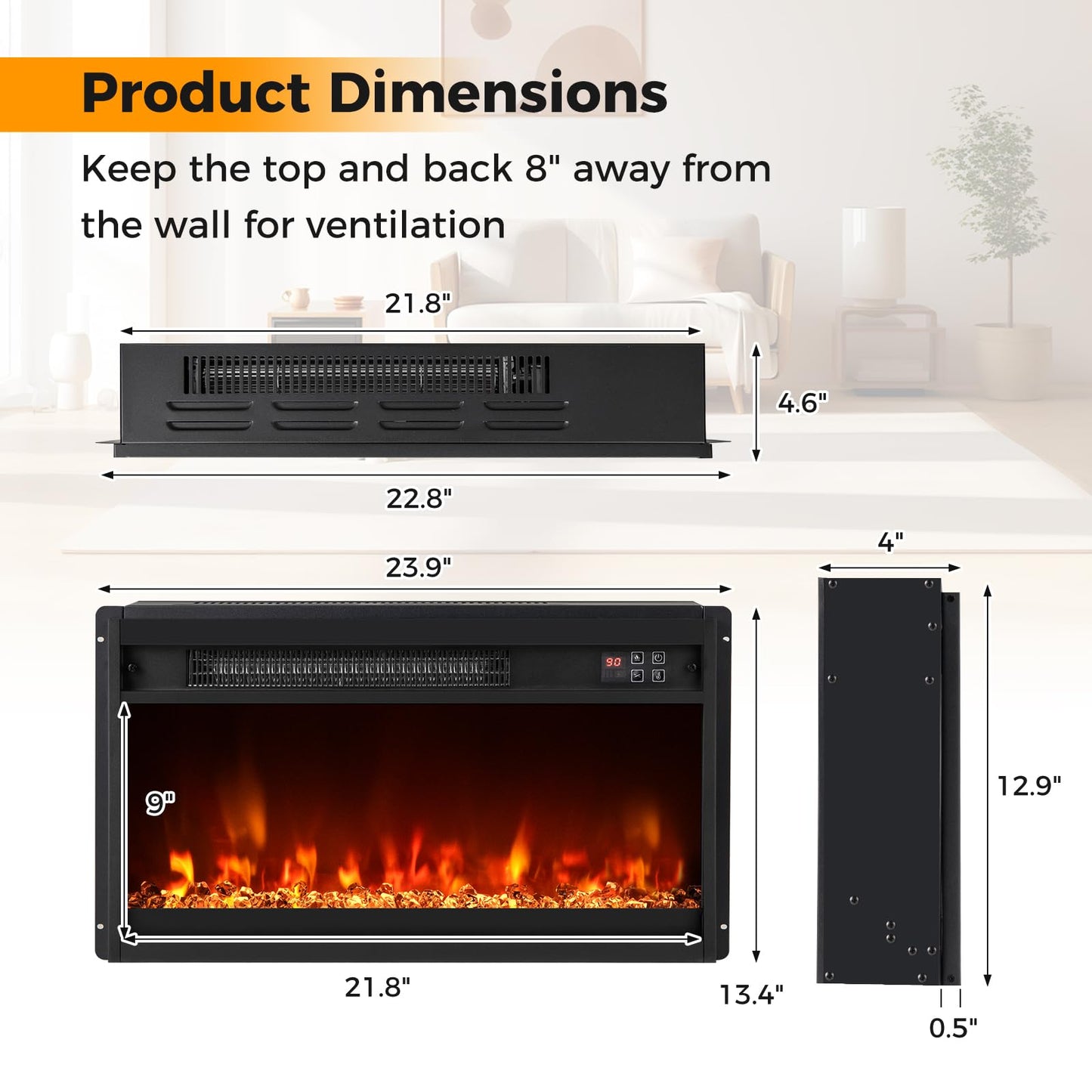 COSTWAY 23 Inch Recessed Fireplace Heater, Electric Fireplace Insert w/Multi-Color Flame & Crystal Ember Bed, Remote Control, 9H Timer, Built-in Thermostat & Overheat Protection, 1500W