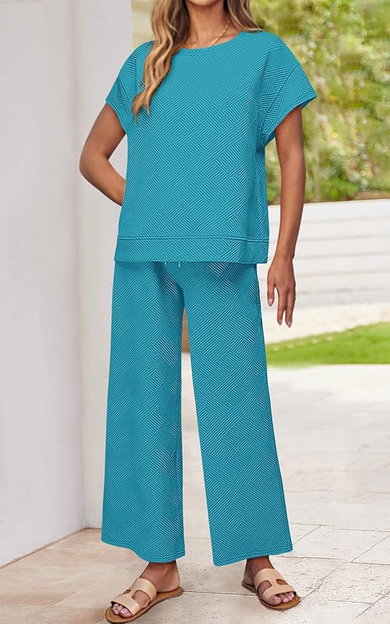 PRETTYGARDEN 2 Piece Outfits For Women Casual Tracksuit Short Sleeve Tops And Wide Leg Long Pants Matching Lounge Sets