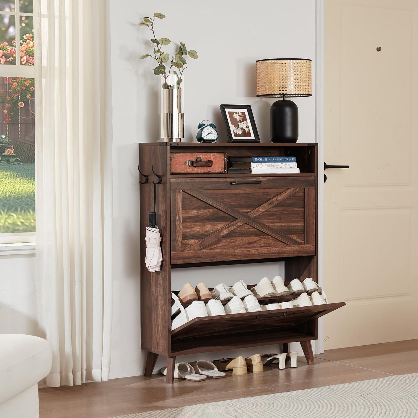 Joaxswe Shoe Storage Cabinet for Entryway with 2 Flip Drawers, Farmhouse Shoes Organizer with Wood Legs, Narrow Hidden Shoe Rack with Open Storage Shelf, Slim Shoe Closet for Hallway, Brown Walnut