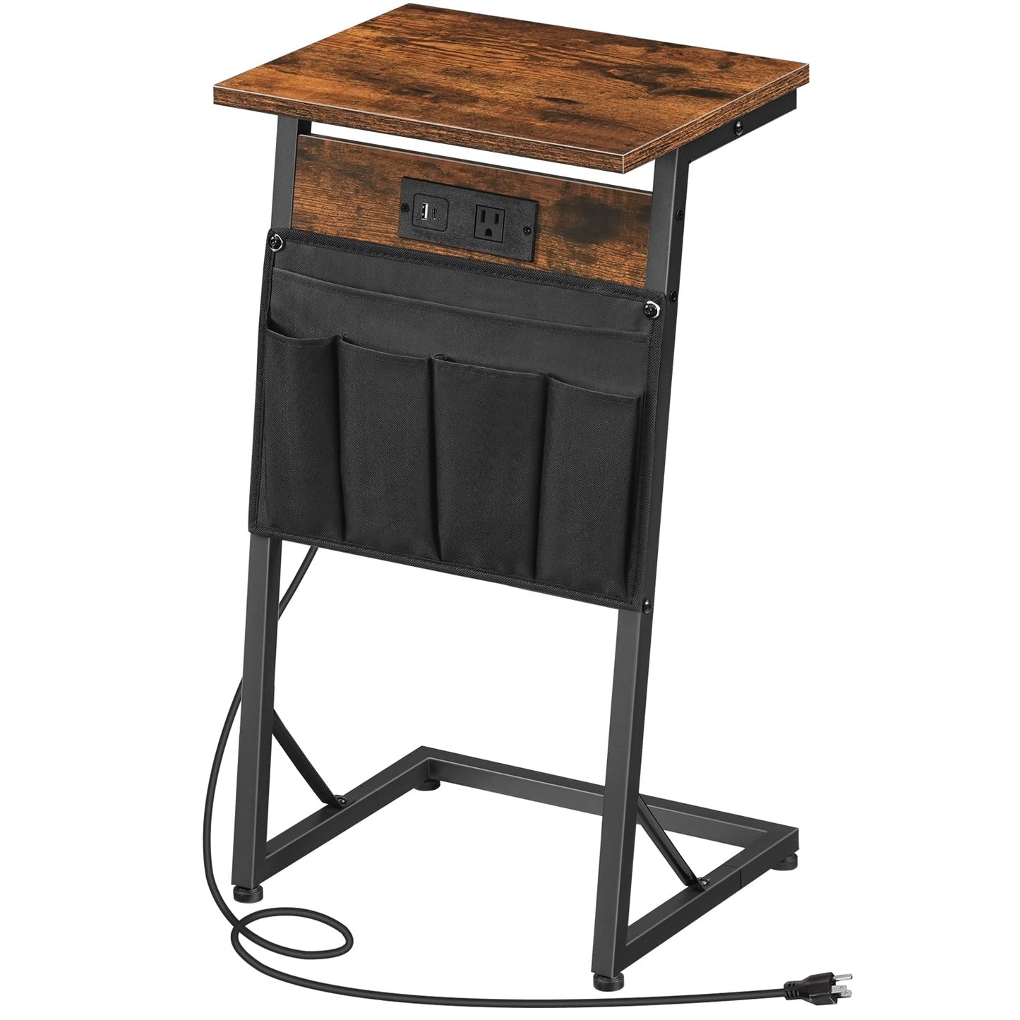 HOOBRO C-Shaped End Table with Charging Station, Slide Under Couch Table with Storage, Small Sofa Arm Table Tray Side Table with Stable Metal Frame, for Living Room, Bedroom, Rustic Brown BF72USF01