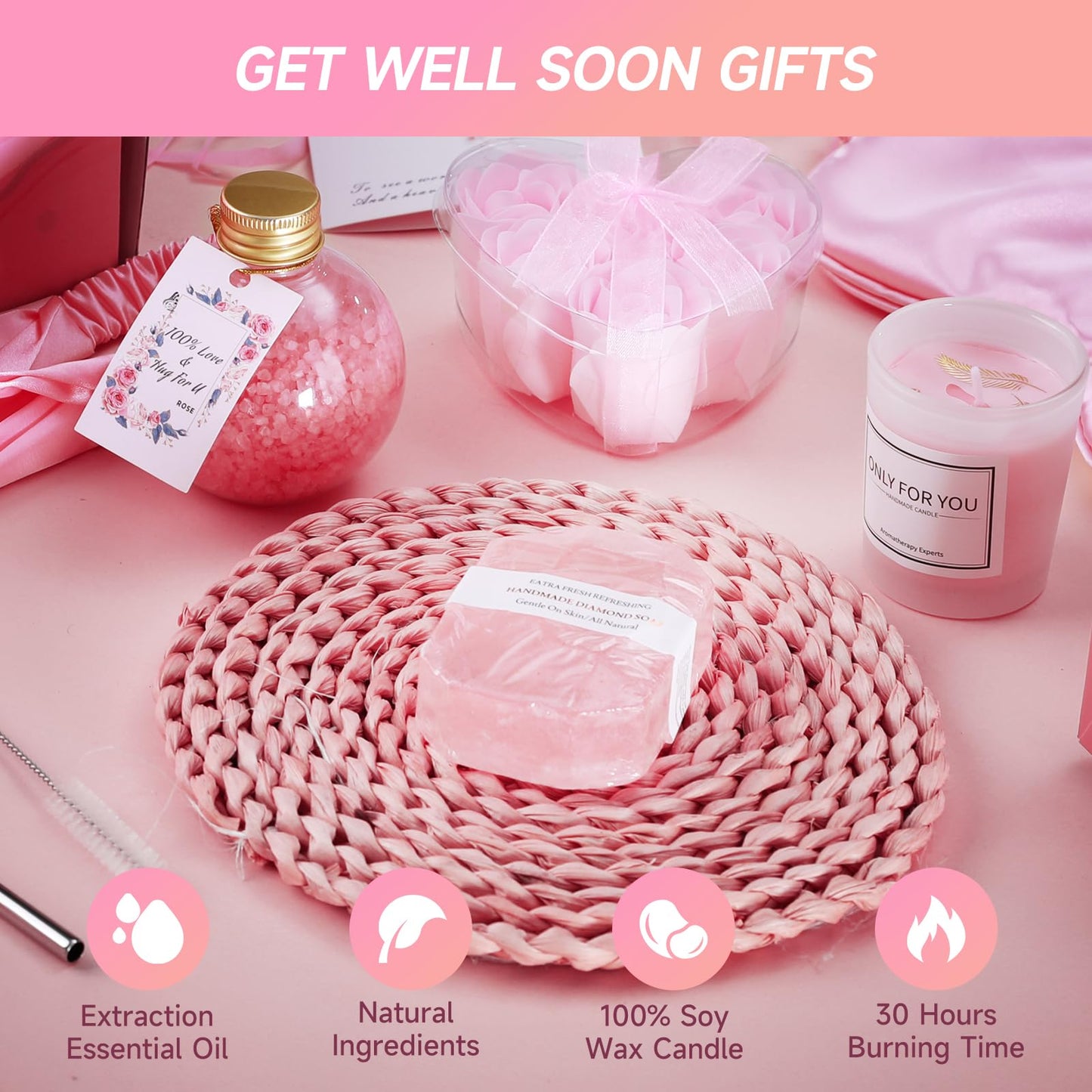 Birthday Gifts for Women, Self Care Gifts Get Well Gifts Gift Basket, Rose Relaxing Spa Gift for Women, Gift for Her Mom Wife Girlfriend Best Friend Sister, with Luxury Blanket, Mothers Day Gifts