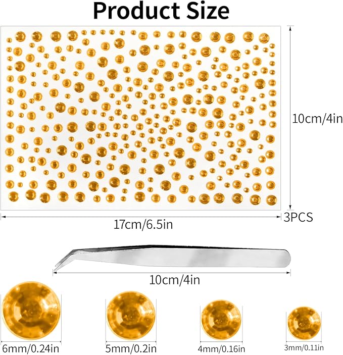 Rhinestone Stickers for Crafts Face Gems Pearls for Makeup stick on Body Clear Crystal Tweezers Decals 3/4/5/6MM Yellow Hair Nails Craft DIY Gems for Nails Makeup Decor 975PCS