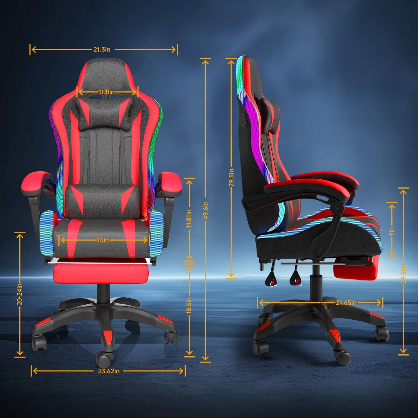 Gaming Chair with Speakers and Massage Computer Gaming Chair with LED RGB Lights and Footrest High Back Ergonomic Video Game Chair with Adjustable Lumbar Support for Adults Red and Black