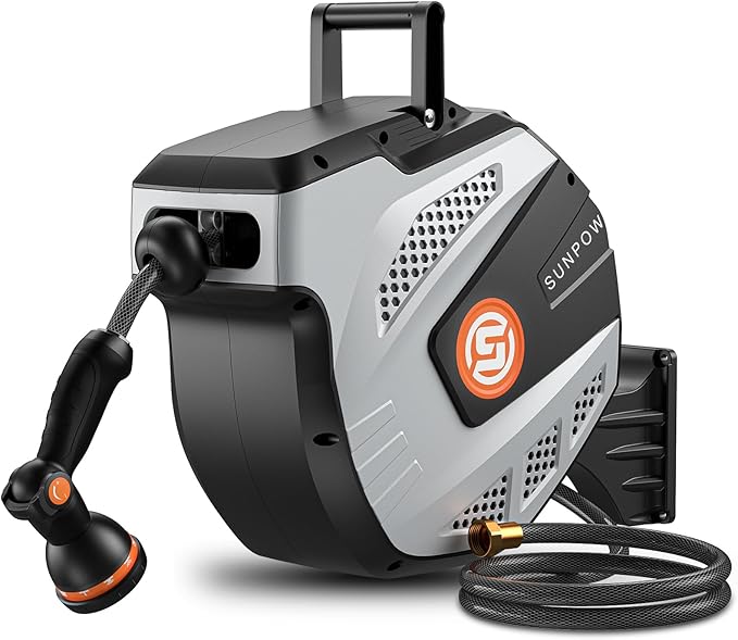 SUNPOW Retractable Garden Hose Reel - 1/2 inch x 50ft Wall Mounted Hose Reel with 3/4 inch Brass Fitting & 10 Function Sprayer Nozzle - Any Length Lock, Auto Rewind System, 180°Swivel Bracket - Grey