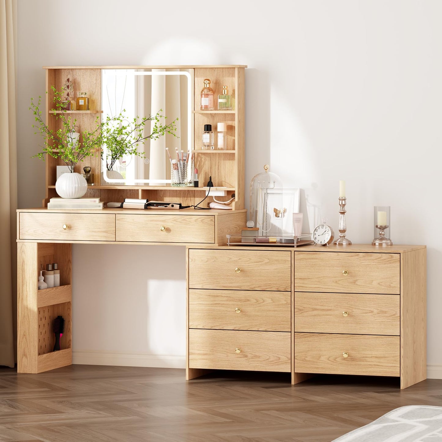 Ieejdn Large Makeup Vanity Desk with Mirror and Lights, Vanity Desk with 8 Drawers & Storage Shelves, Vanity Table with Power Outlet, 3 Color Modes & Adjustable Brightness Dressing Table, Bedroom,Oak