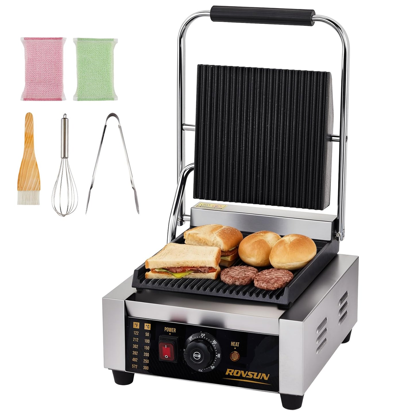 ROVSUN 811 Commercial Panini Press Grill, 1800W Stainless Steel Electric Countertop Sandwich Maker with Adjustable Temp 122°F–572°F, For Steak, Burgers, Home & Restaurant Use, 110V, Silver