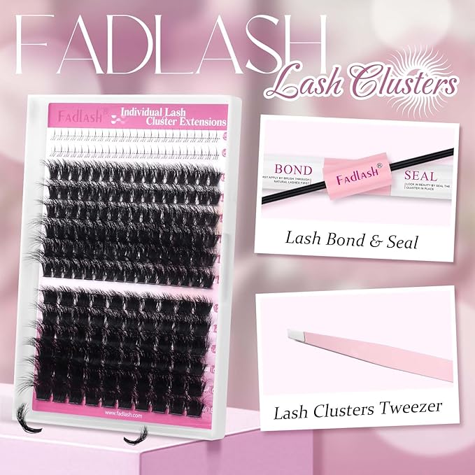 FADLASH Eyelash Extension Kit 100D+200D Lash Clusters with Bottom Lashes DIY Lash Extension Kit Cluster Lashes with Lash Bond and Seal Lash Tweezers Individual Lashes (KIT, 100D+200D-3D-12-18mm)