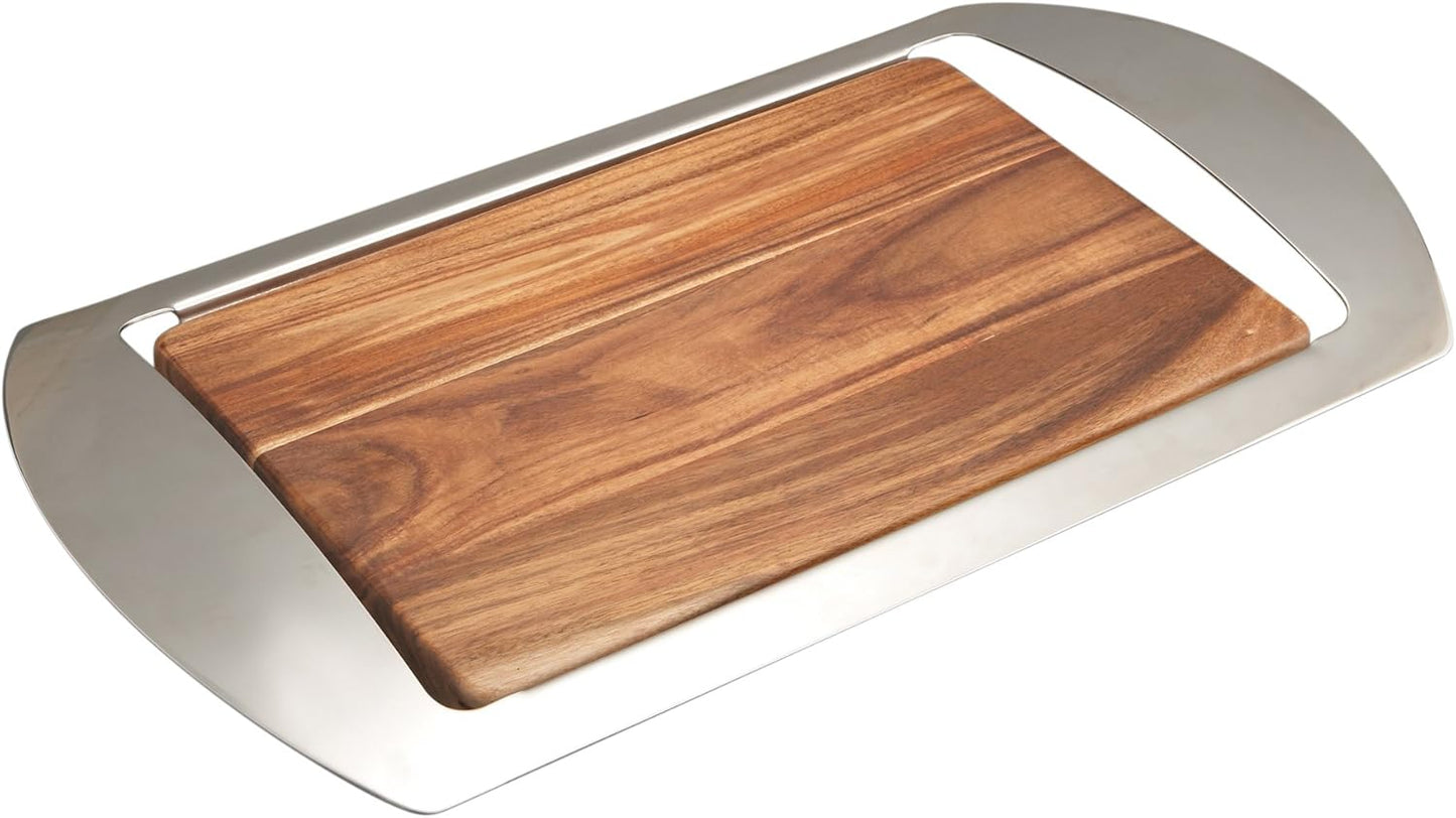 nambe Mikko Bar Tray | Large Serving Tray for Party | 19 Inch Platter for Serving Snacks, Food, Cookies | Made of Stainless Steel and Acacia Wood | Designed by Neil Cohen