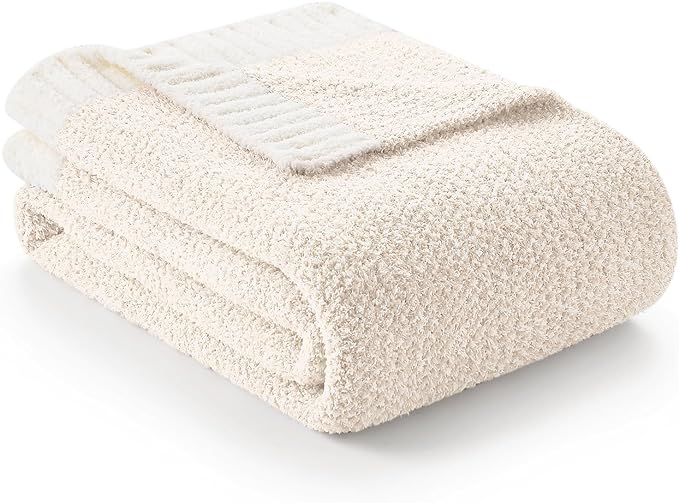 Snuggle Sac Buttery Ivory Throw Blanket for Couch, Reversible Super Soft Knitted Blankets, Warm Cozy Knit Fuzzy Plush Ligh...