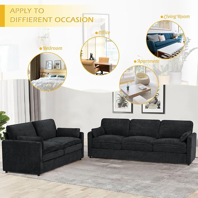 ACMEASE 69” Chenille Love seat Sofa w/Arm Pillows, Upholstered 2 Seater Sofa w/Comfortable Back Cushions, Modern 2 Seats Couch w/High-Density Foam for Living Room, Apartment, Office, Black