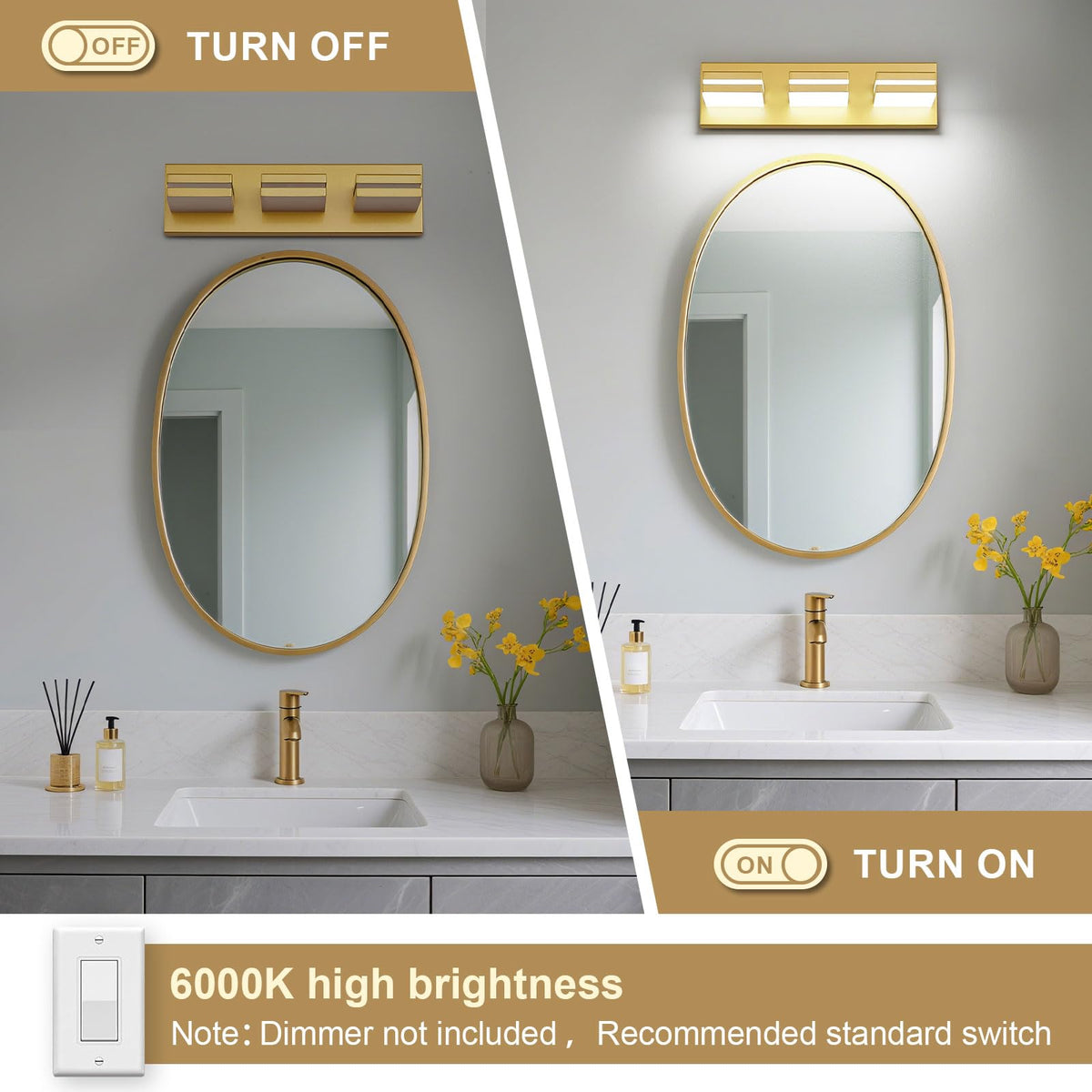 JZEKVN Modern LED Bathroom Lights Fixtures(3-Light),Metal Gold Acrylic Wall Lighting,Vanity Lights for Bathroom Over Mirror(6000k 16In
