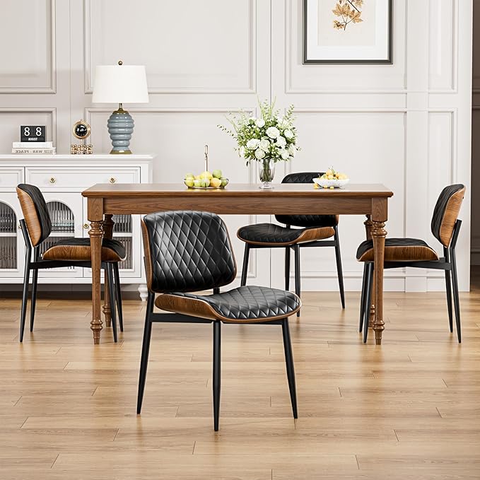 YaFiti Dining Chairs Set of 8, FSC Certified Mid Century Modern Accent Dining Room and Kitchen Chairs, Upholstered PU Leather Diamond Check Chairs with Walnut Bentwood and Metal Legs, Black