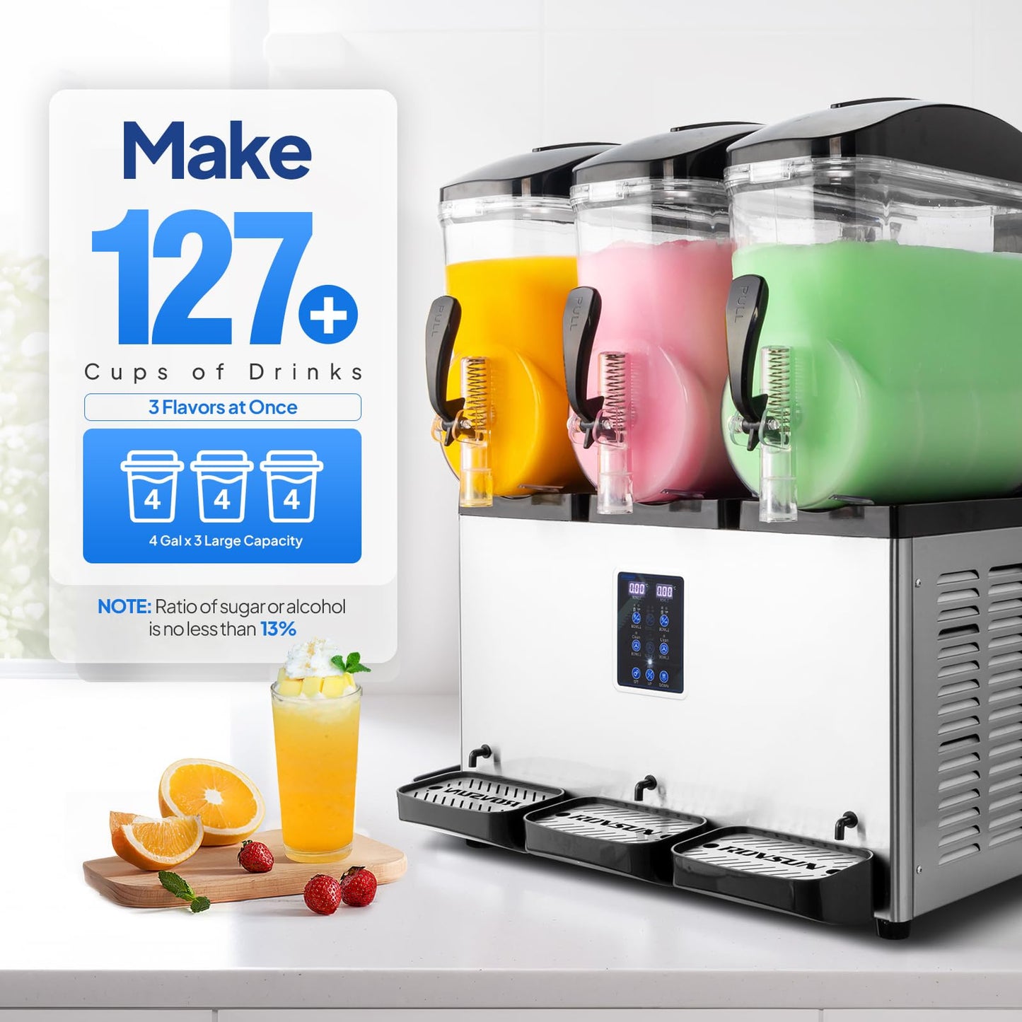 ROVSUN 15L X 3 Tanks Commercial Slushy Machine, 12 Gal/45L Slushie Machine Frozen Drink Machine, Margarita Machine Efficient Cooling Stainless Steel for Home Restaurant Bar Party Cafes