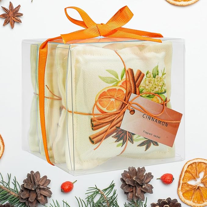 AUCUDA Christmas 4pcs Cinnamon Scented Sachet Bags for Drawers and Closets Decorations, Potpourri Packets for Women clothes storage, Winter Holiday Fragrance Pillow for Bedroom Indoor, Air Fresheners.