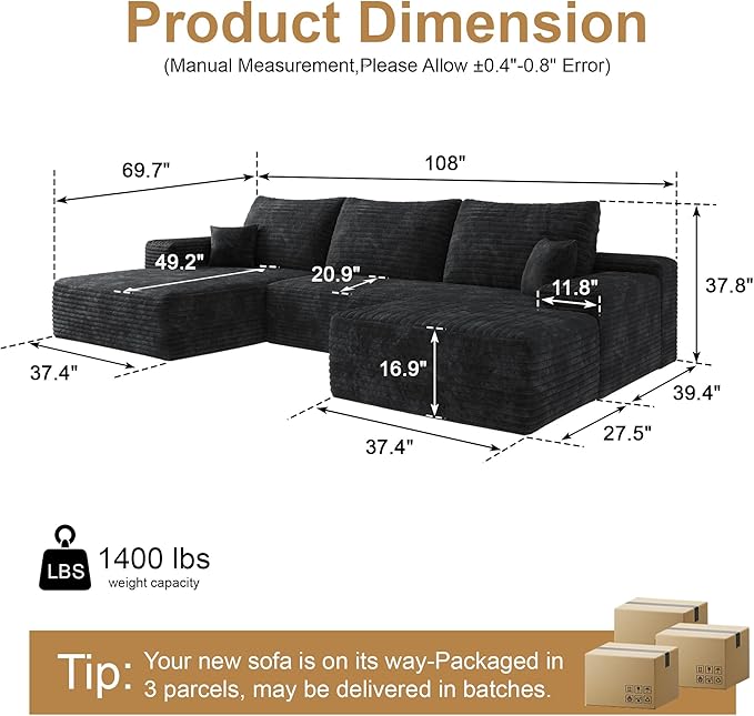 AUGOP 108" Sectional Couches for Living Room Modern Modular Sofa with L-Shape Couchs Upholstered Boneless Couch Deep Seat Sectional Couch with Chaise (Black, Left Facing Chaise+2Seaters+1Ottoman)