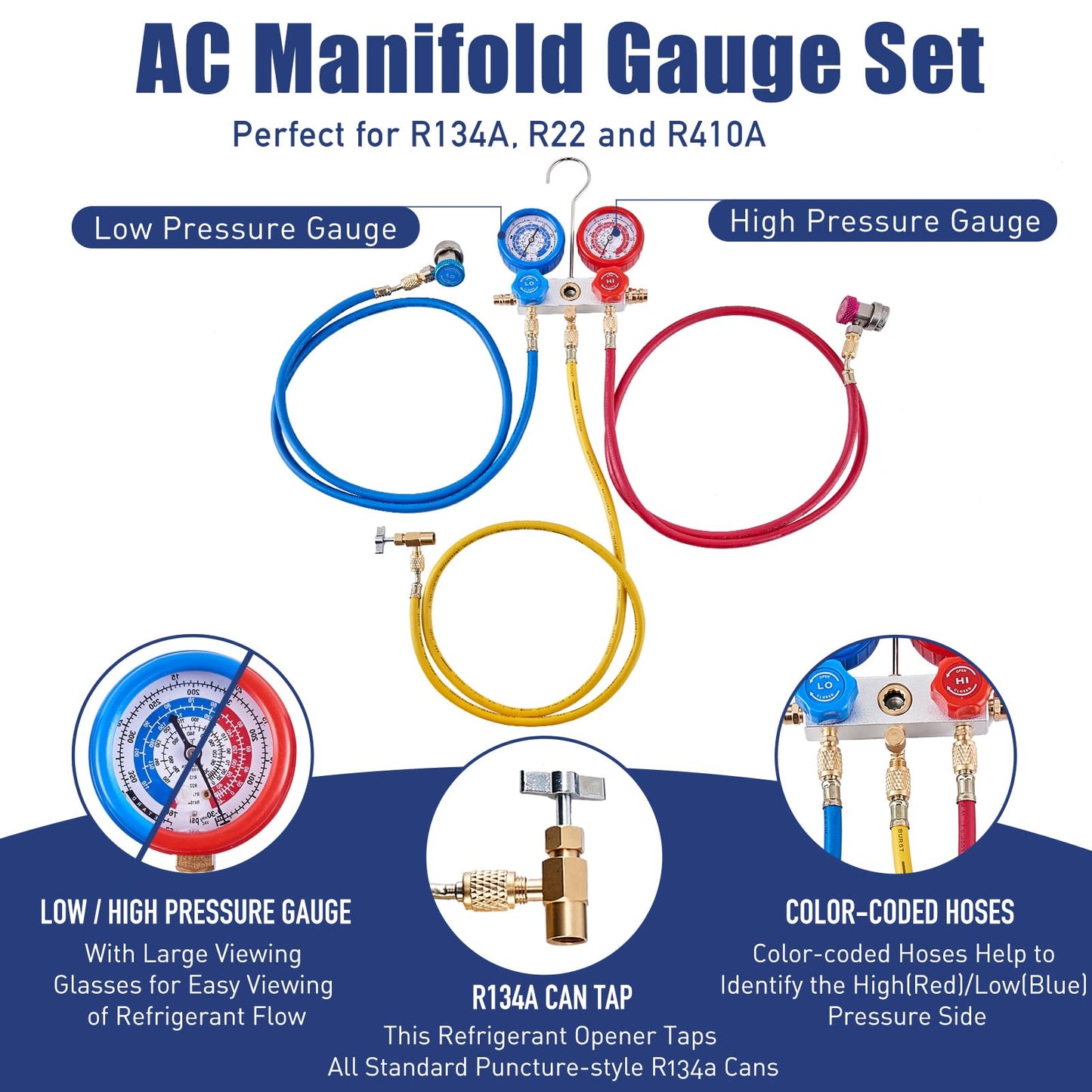 BACOENG 3.6CFM 1/4HP AC Vacuum Pump and Manifold Gauge Set for R134a R12 R410a HVAC Air Conditioning Refrigeration, Includes Can Tap, Quick Coupler Adapters and Carry Bag