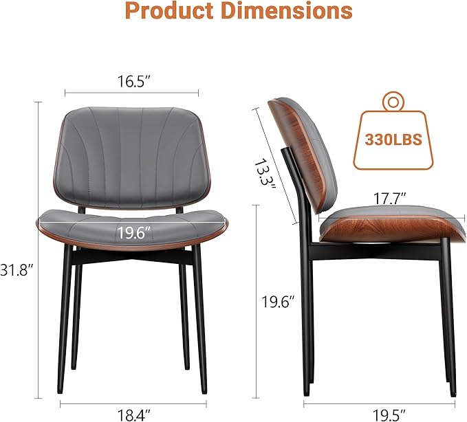 YaFiti Dining Chairs Set of 2, Dining Room and Kitchen Chairs, Mid Century Modern Accent Chair, Upholstered PU Leather Chairs for Vanity with Walnut Bentwood and Metal Legs, Gray