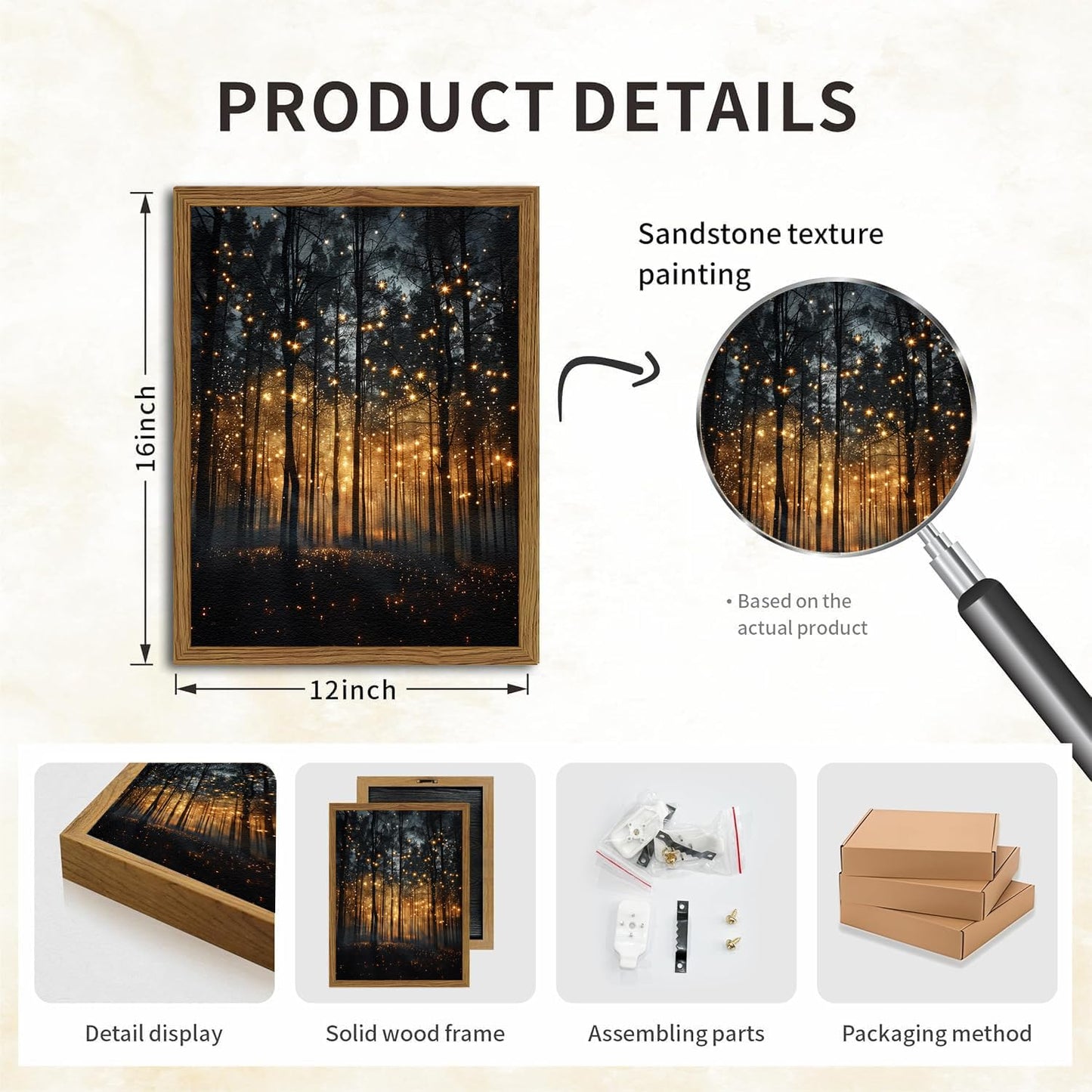 Enchanted Forest Firefly Wall Art, Dark Twilight Landscape Wall Decor 3D Texture Hand Drawn Sandstone Magical Nature Botanical Painting Artwork for Bedroom Living Room 16x12 inch Wood Framed