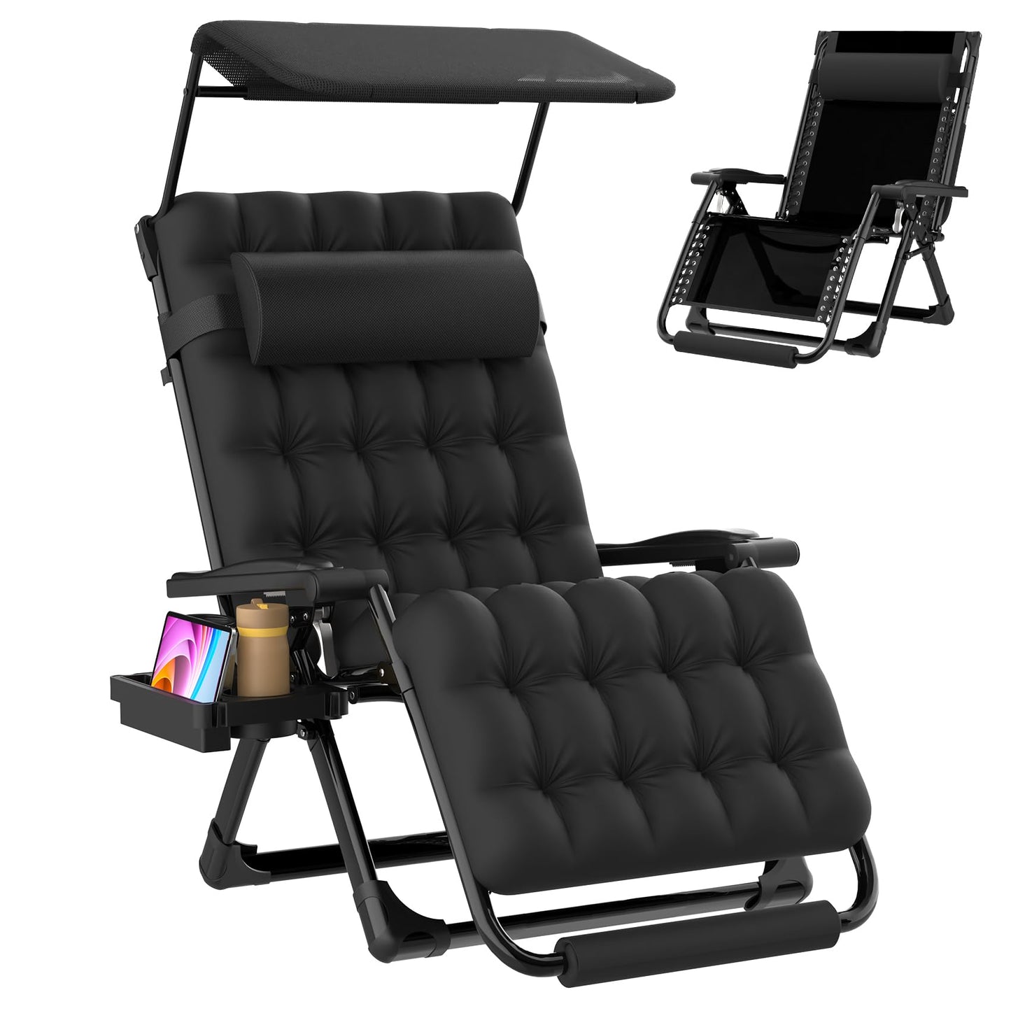 Suteck Zero Gravity Chair with Canopy,33In XXL Oversized Lounge Chair w/Removable Cushion&Headrest, Upgraded Lock and Footrest, Folding Reclining Patio Chairs Recliner for Indoor Outdoor