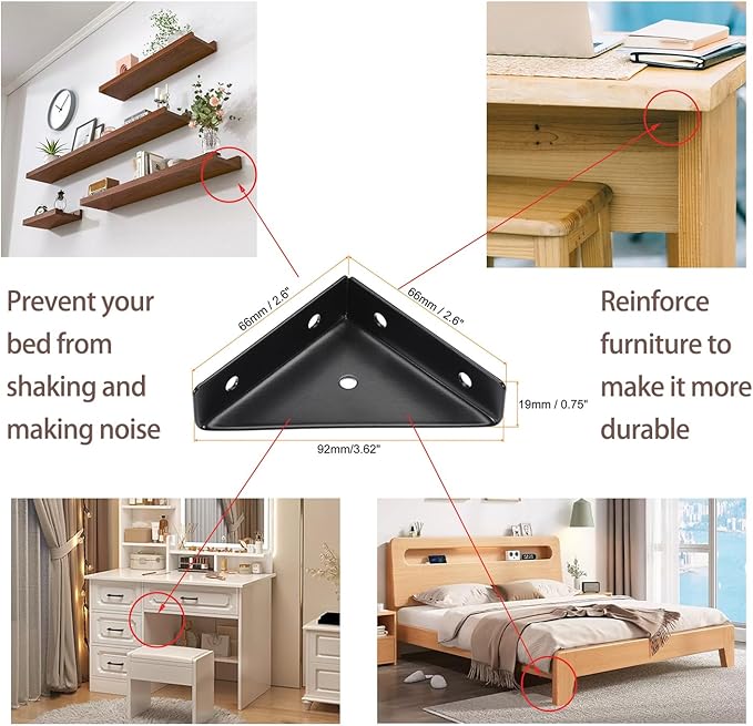 Armiika 4 Pcs Trapeziform Angle Brackets, Shelf Brackets Heavy Duty Triangular Bracket Fastener, Cold Rolled Steel Braces Joining Support for Desk Bed Edge (Black), SJ2-WDQ-4P