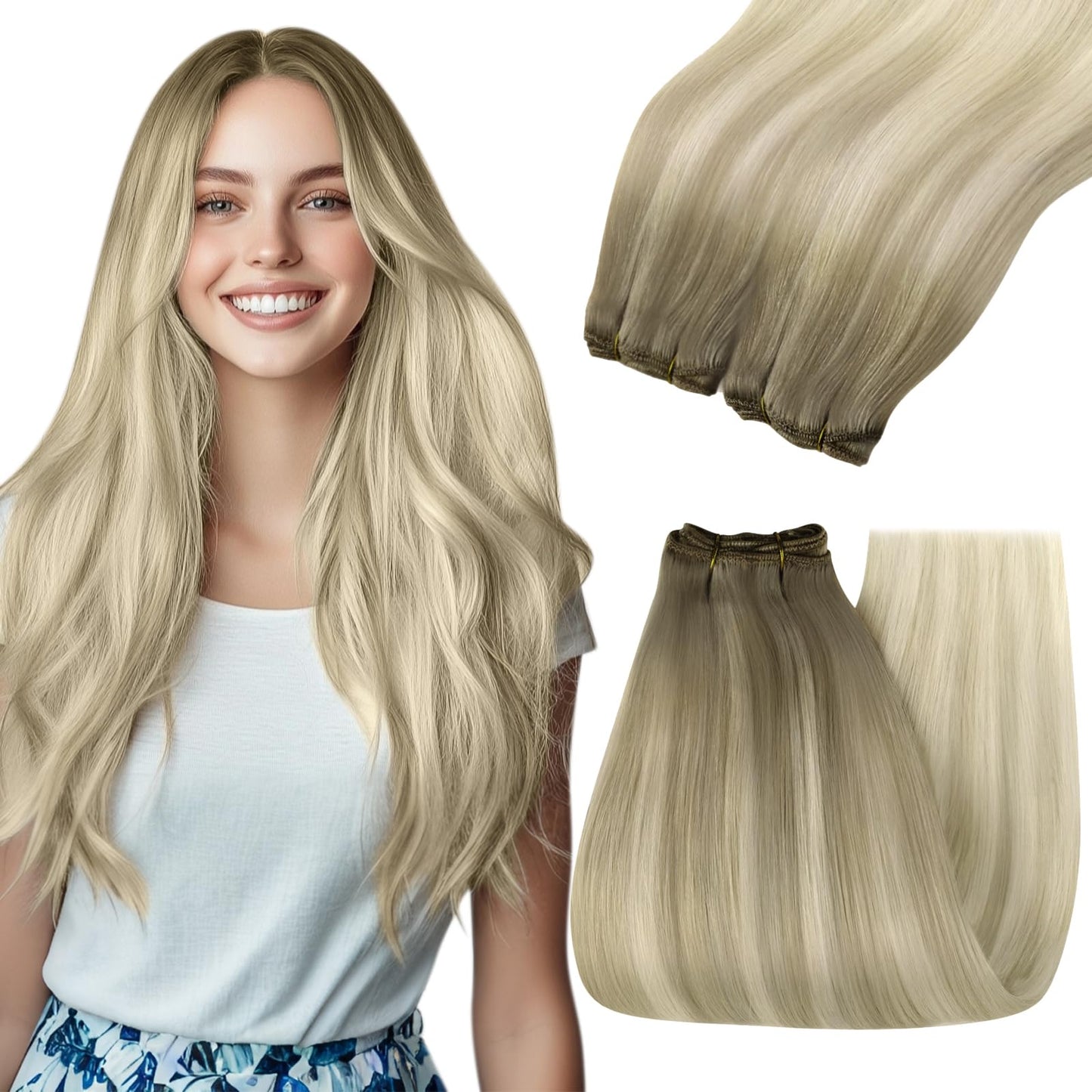 YoungSee Ombre Blonde Human Hair Weft Extensions Straight Silky Sew in Real Human Hair Extensions Ash Blonde Ombre Sunkissed Blo