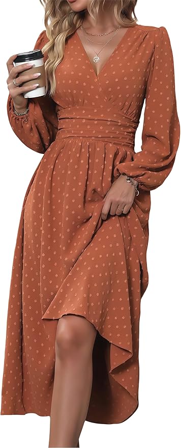 Mettclasi Women's Spring Fall Swiss Dot V Neck Maxi Dress Casual Puff Long Lantern Sleeve A-Line Flowy Dress