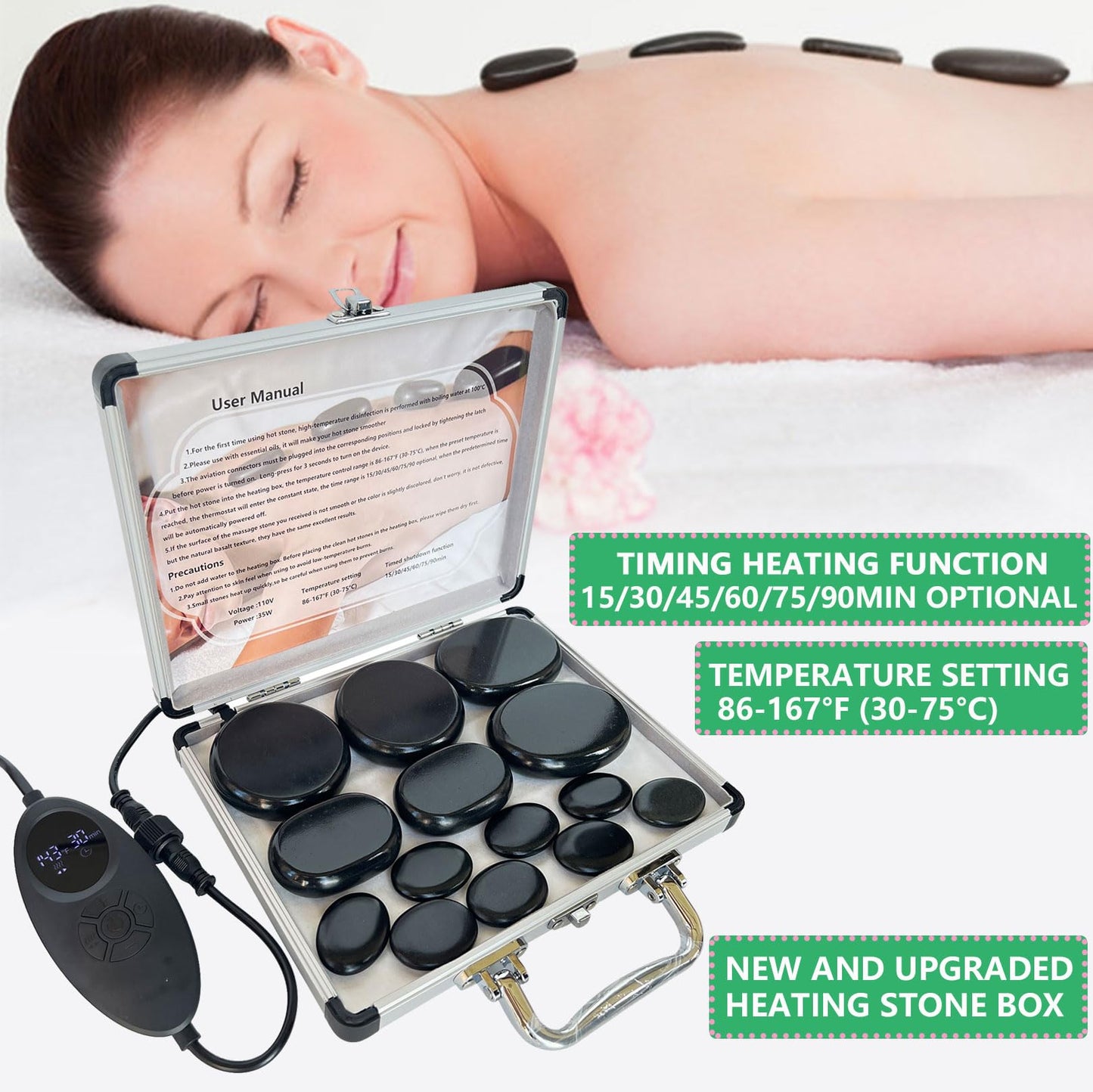 14-Piece Hot Stone Massage Set, Massage kit with Temperature Regulator, Basalt Massage Stone Home Spa Thermal Therapy Relaxation