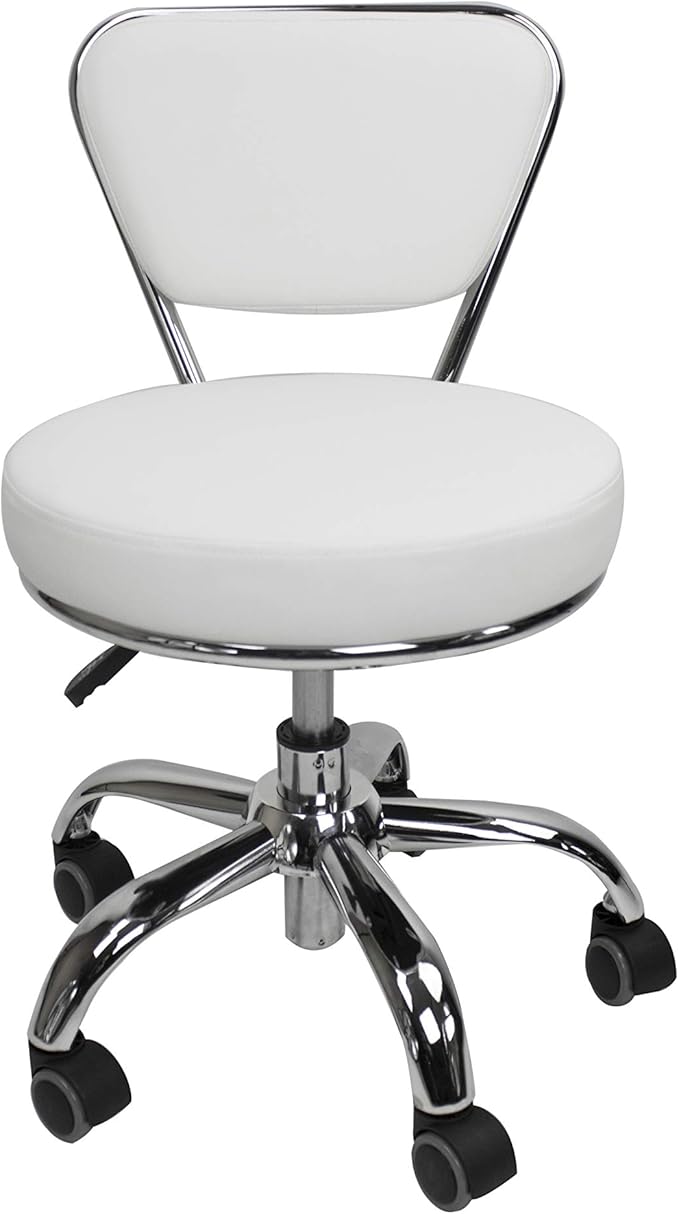 MAYAKOBA Dayton Rolling Stool with Backrest – White Pneumatic Seat, Adjustable Height 13"-15", Ergonomic Design for Home Office, Garage, Gardening, Lab, School, Mechanic Tasks