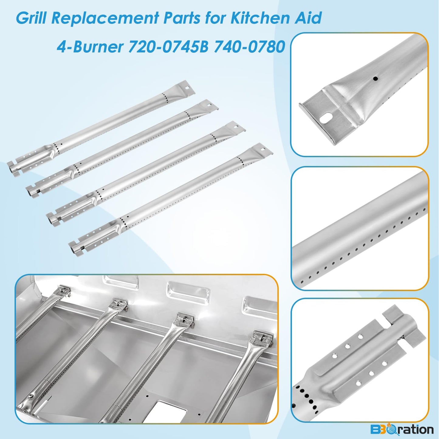 BBQration Replacement Kit for Kitchen Aid 720-0745B 740-0780 860-0012 720-0745 720-0745A, 7MM Solid Stainless Steel Cooking Grates, Burners and Heat Plates for Kitchenaid Grill Replacement Parts