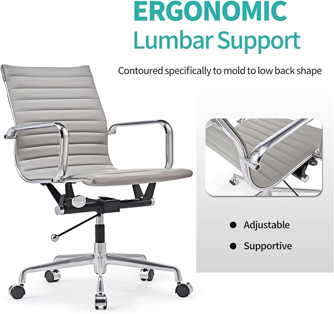 Mid Back Support with Arm Rest Office Ergonomic, Adjustable Swivel Vegan Leather Desk, Receptionist Chairs -Grey