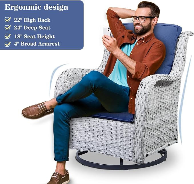 Belord Outdoor Swivel Rocker Patio Chairs Set of 3,High Back Swivel Patio Chairs Wicker Furniture Set,2 PCS Rattan Swivel Rocking Chair with Side Table,Light Grey Wicker (A089-2)