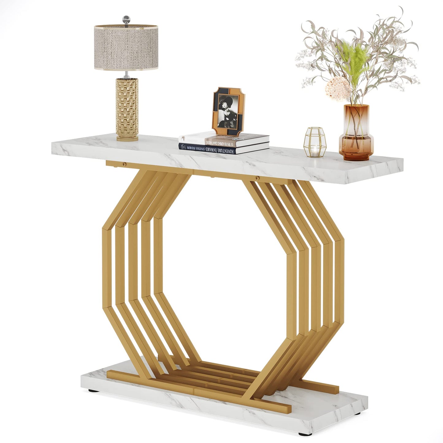 Tribesigns Gold Console Table, Faux Marble Entryway Table Narrow Sofa with Geometric Metal Base, 40 Inch Modern Accent Entrance for Living Room, Hallway, Foyer, White and Gold