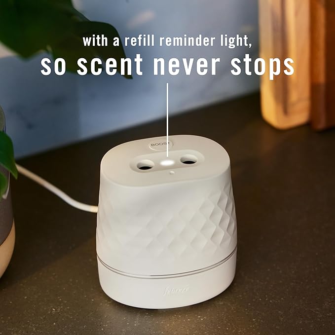 Febreze Plug Scent Booster Starter Kit, Oil Diffuser, Air Freshener Plug in, Giftable for Holidays, Continuous Scent Device + 2 Downy Calm Refills