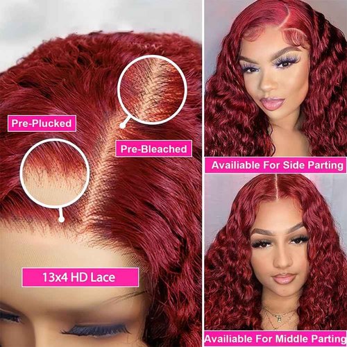 ZHUO JIA 99J Burgundy Deep Wave Lace Front Wigs Human Hair for Black Women 13x4 HD Lace Frontal Wigs Human Hair Pre Plucked 180 Density Red Colored Deep Curly Wet and Wavy Glueless Wig 26 Inch
