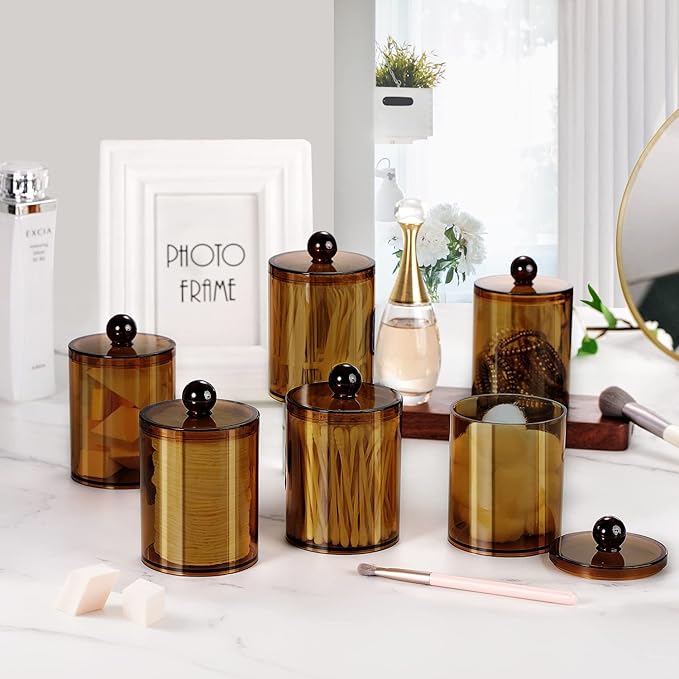 SheeChung 6 Pack Qtip Dispenser Apothecary Jars Bathroom with Labels - Qtip Holder Storage Canister Clear Plastic Acrylic Jar for Cotton Ball, Swab, Rounds,Floss Picks, Hair Clips (Amber)