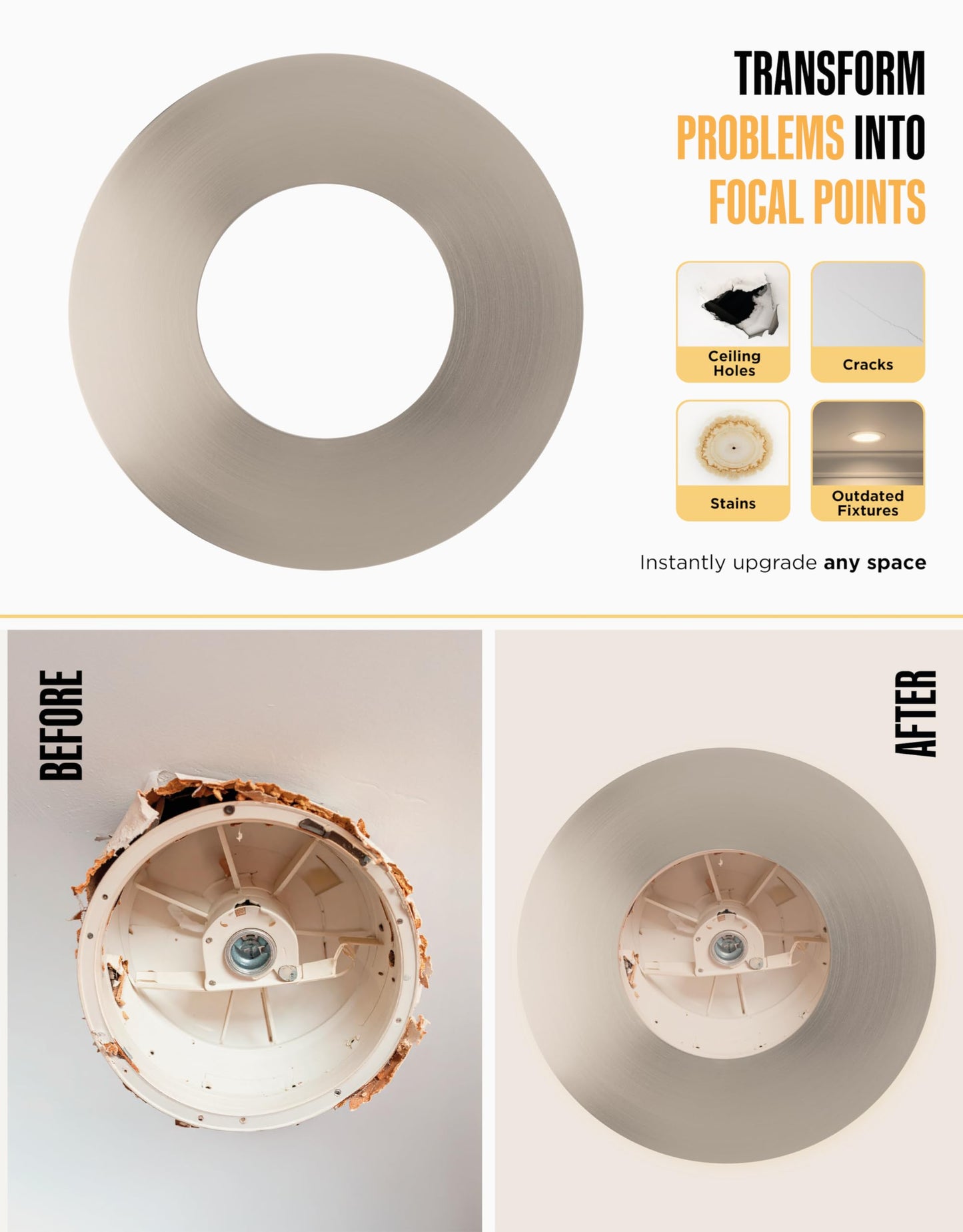 The Can Converter Ceiling Medallion for Recessed Can Light – Home Improvement Decorative Steel Flat Goof Ring & Cover Plate for 5" & 6" Cans, Small Ceiling Medallion for Chandeliers, Satin Nickel