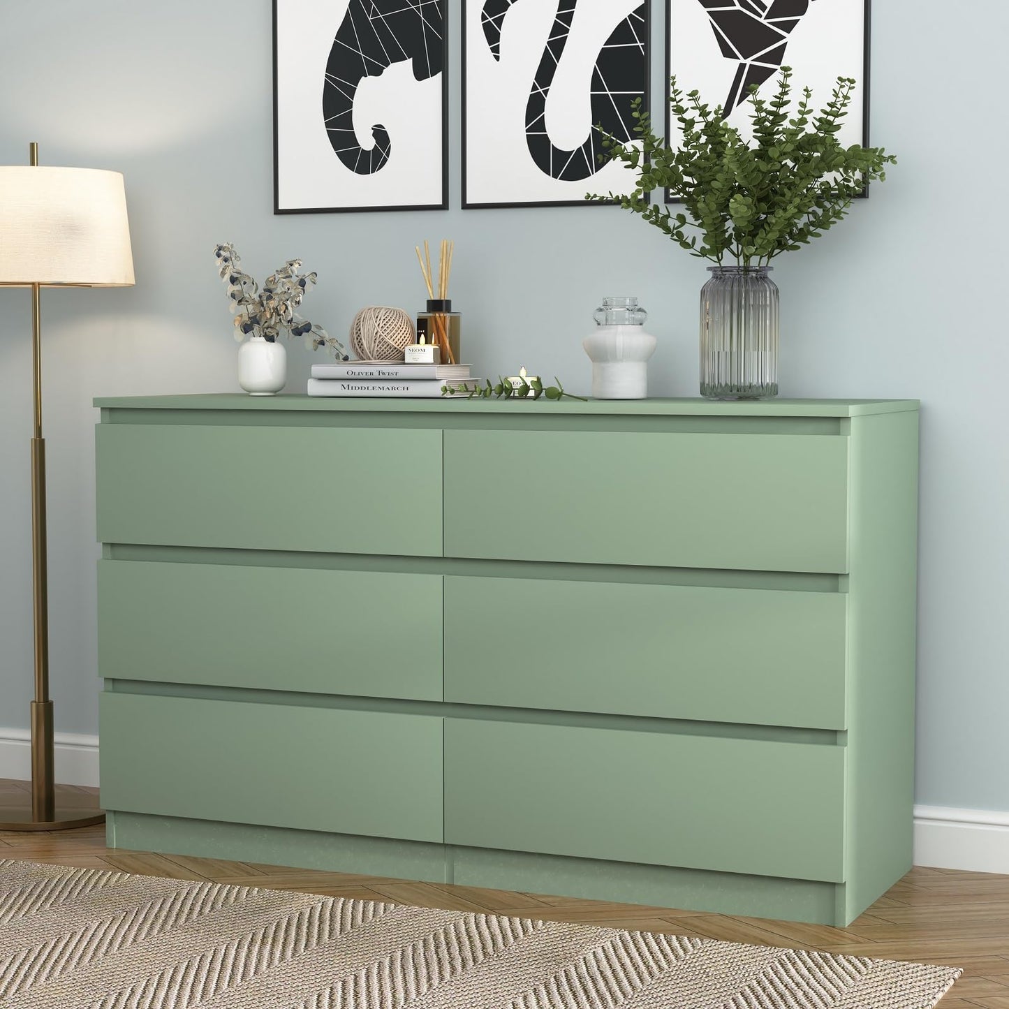 CIPACHO Green Dresser for Bedroom, Modern Large 6 Drawer Dresser with Deep Drawer,Wide Storage Chest of Drawers,TV Stand for Living Room