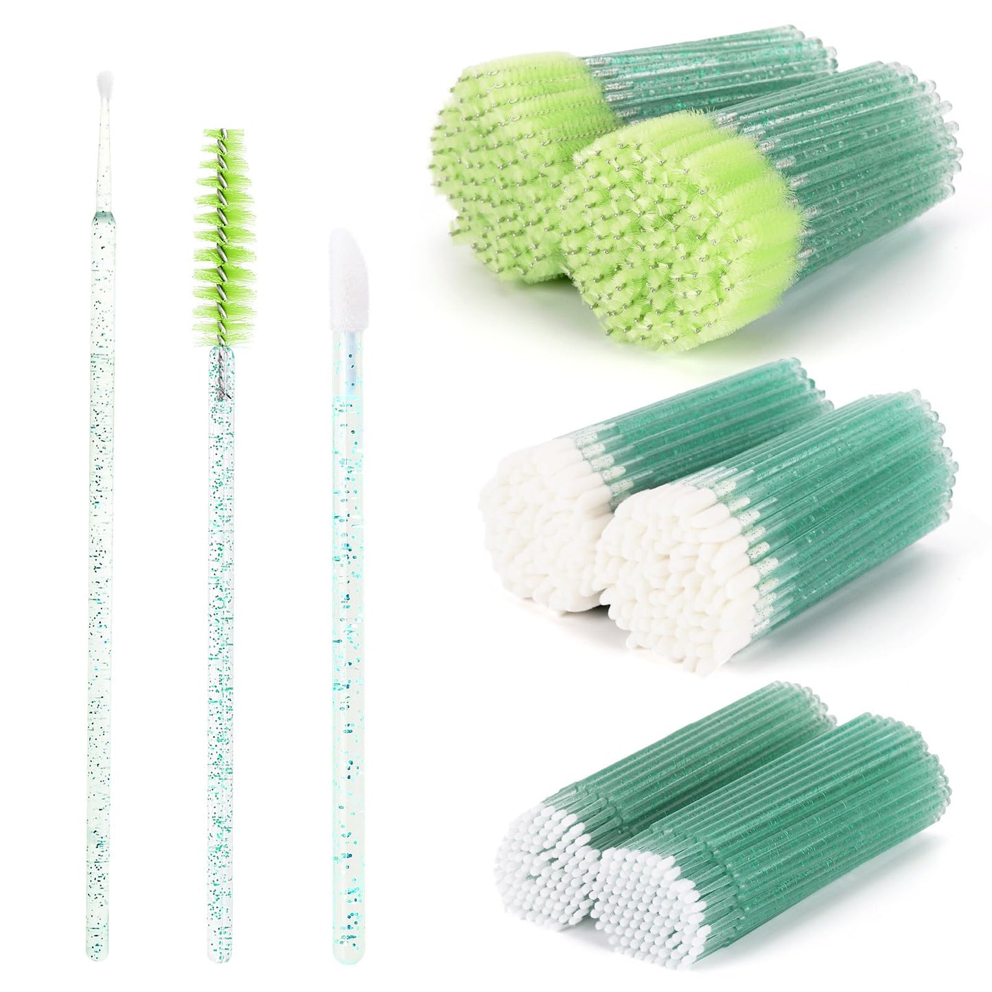 600 PCS Eyelash Extension Supplies Kit, 200 Spoolies Mascara Wands Disposable 200 Lip Brushes 200 Micro Swabs Green Eyelash Brus