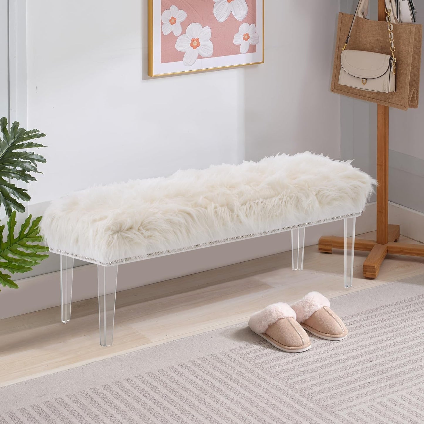 Deenziilix Entryway Ottoman Bench, Faux Fur Foot Rest Stool Shoe Bench, Upholstered Furry End of Bench, Ottoman Bench with Acrylic Legs for Bedroom, Makeup Room, Vanity or Bed End, Gift, White