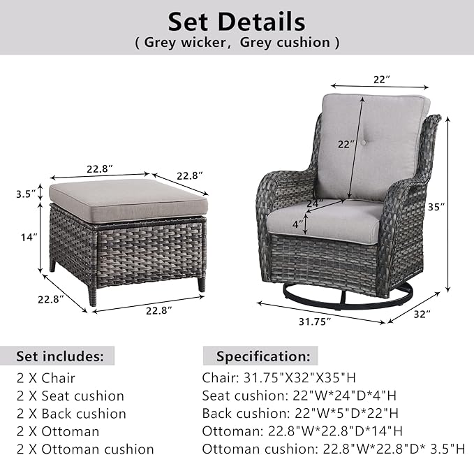 Belord 4 Pieces Patio Furniture Sets, Wicker Patio Swivel Glider Chair with Ottomans, Outdoor Furniture Set for Outside Porch, Deck, Balcony, Garden