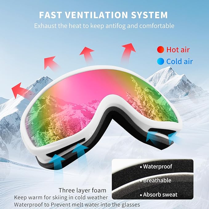 Ski Goggles OTG for Men Women, Anti-Fog Snowboard Goggles UV400 Protection Snow Goggles for Adult Youth