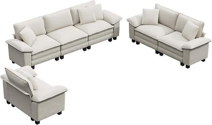PHI VILLA Cloud Modular Couches Sets, 3 Pieces Large Sectional Sofa Set with Loveseats & Single Sofa, 6-Seater Upholstered Couch for Living Room, Chenille Fabric, Beige