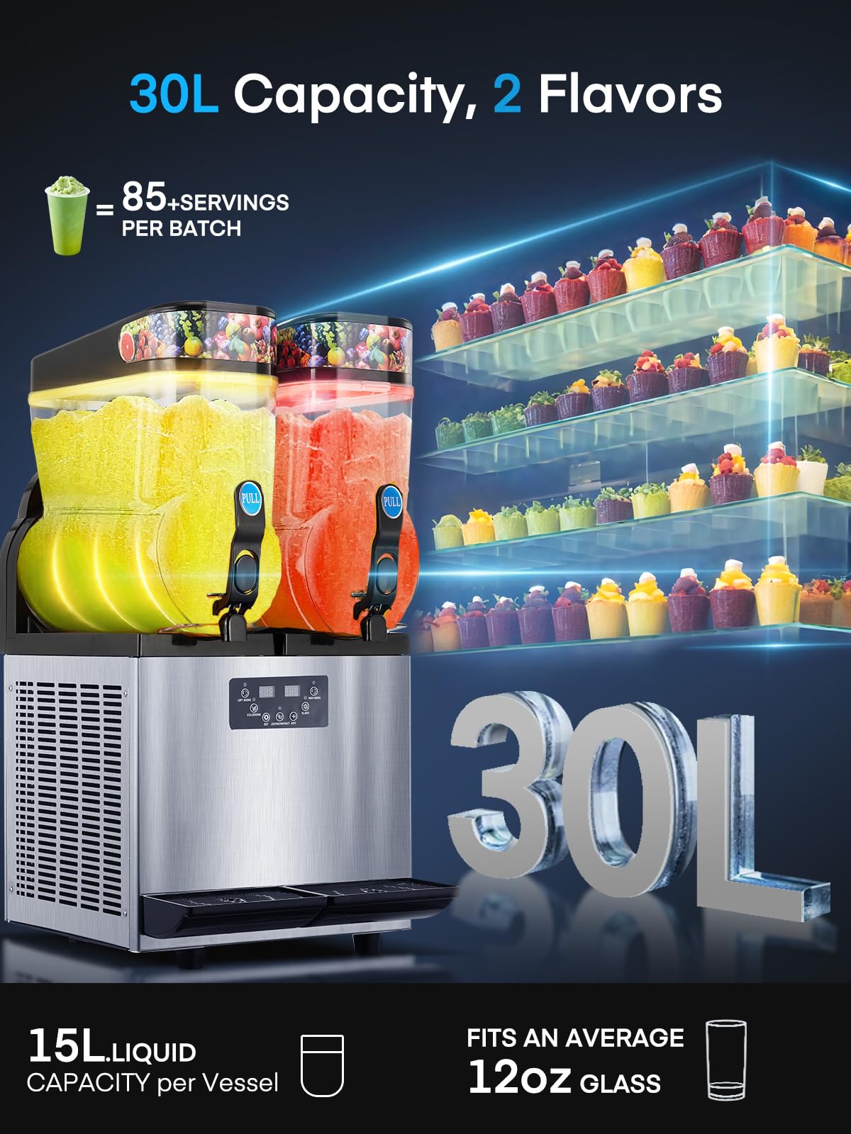 Commercial Slushy Machine 8Gal/30L, Stainless Steel Margarita Smoothie Frozen Drink Machine, 25-Minute-to-Go Slushie Machine, Margarita Machine for Restaurants Cafe Bars (2 * 15L)