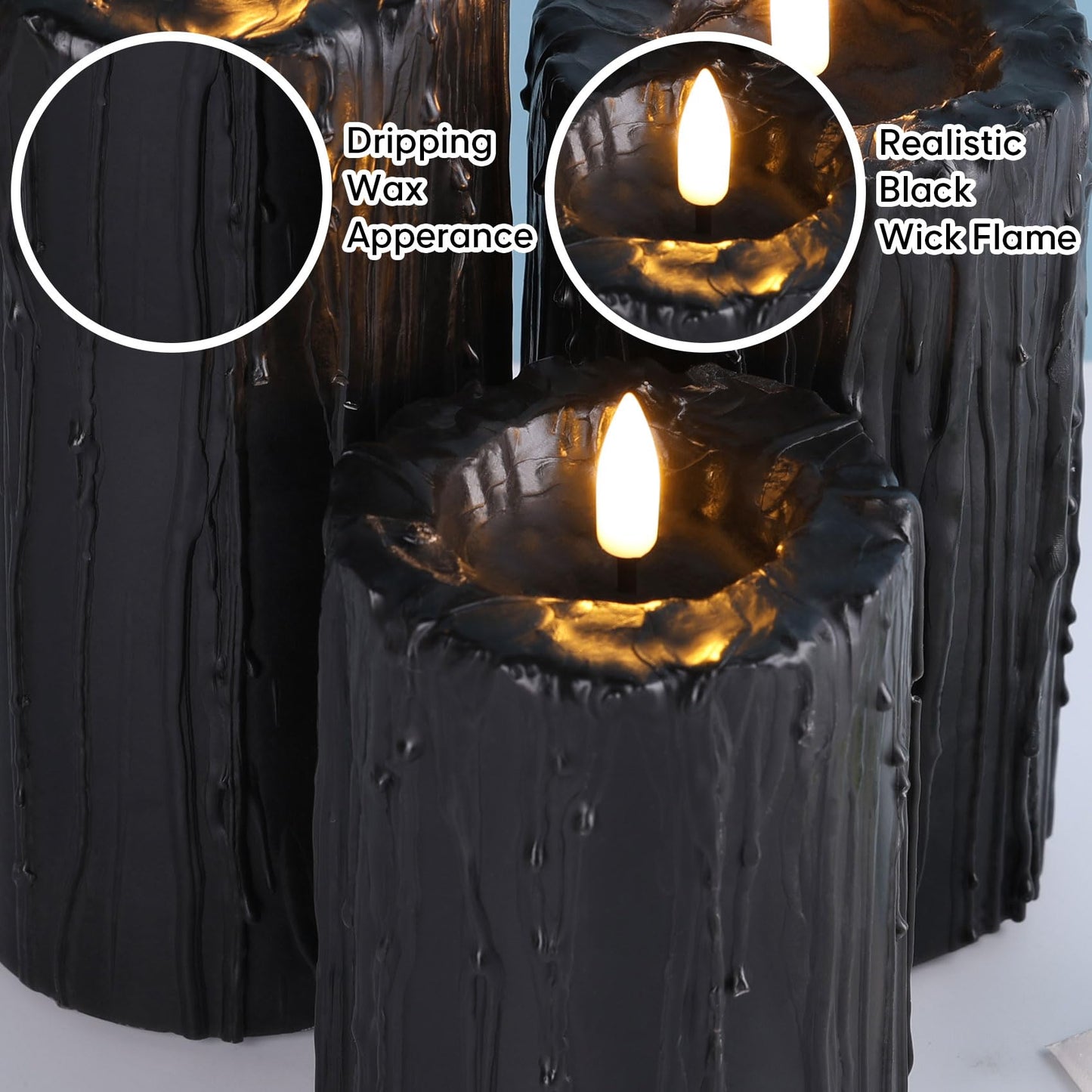 Eywamage Black Dripping Wax Flameless Pillar Candles with Remote, Flickering Halloween LED Candles Battery Operated Set of 3