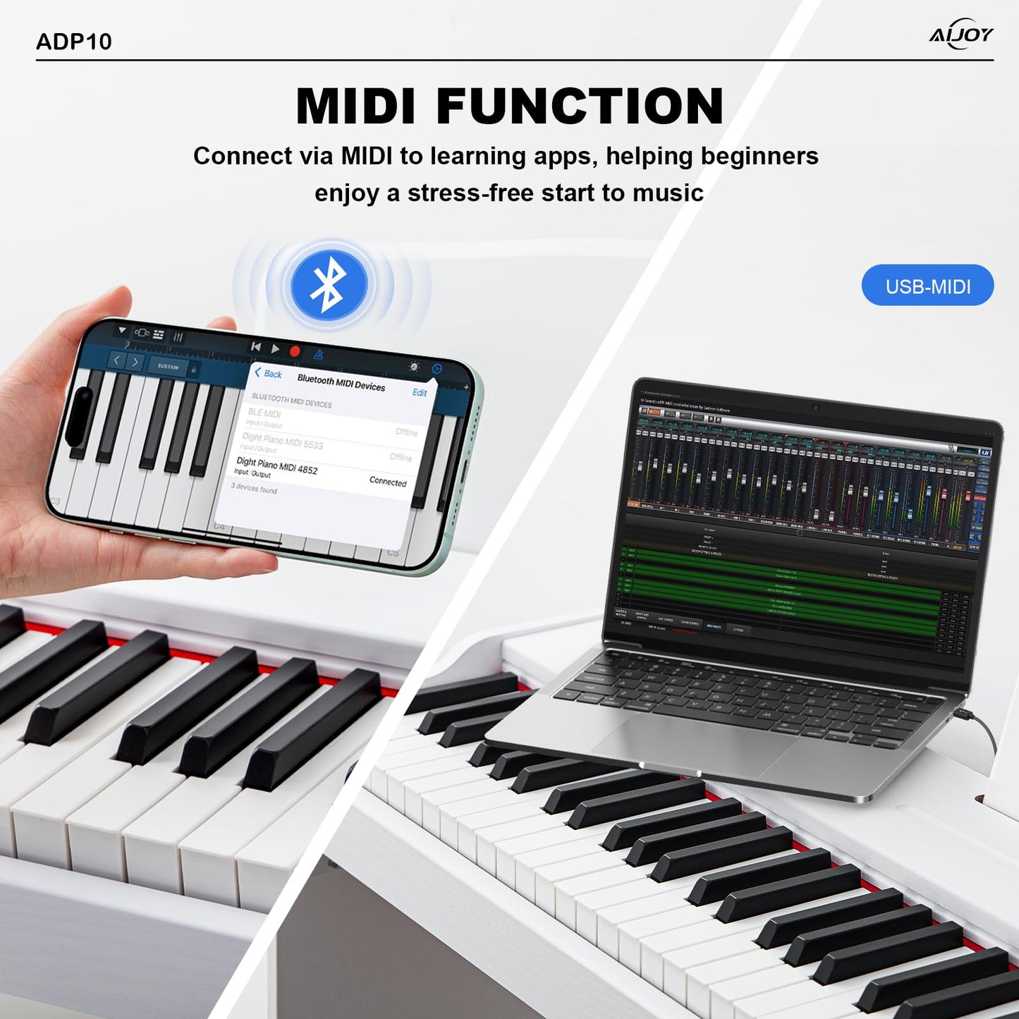 AiJoy 88-Key Digital Piano for Beginners, Velocity-Sensitive Keys, Electric Piano with Triple Pedal, MIDI & Headphone Support, Compact Elegant Design, Christmas & Birthday Gifts, White (ADP10)
