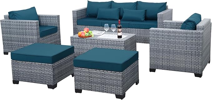 Lviden 6 Pieces Wicker Patio Furniture Sets Outdoor Conversation Set HDPE Rattan Sectional Sofa Couch with Storage Table and Peacock Blue Cushions