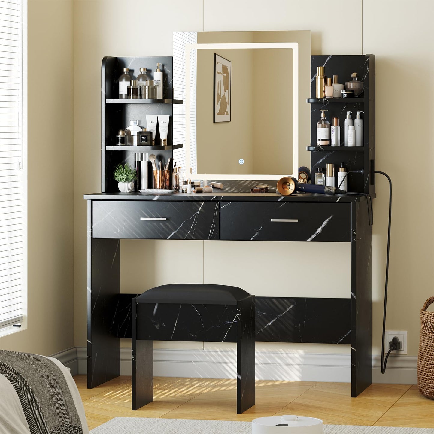 GAOMON Makeup Vanity Desk with Lights and Mirror, Vanity Table with 3 Lighting Modes, Storage Drawer, Shelves, Charging Station and Included Stool for Bedroom, Marble Black